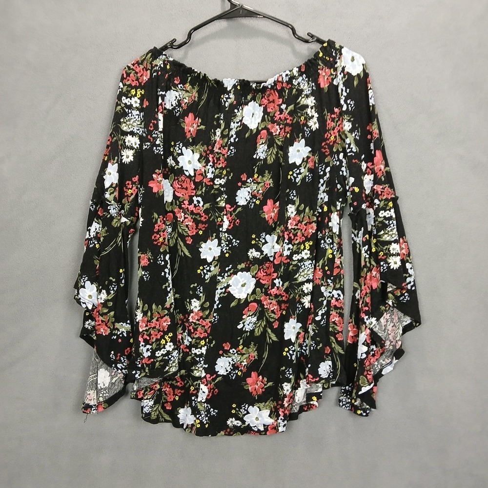 Time And Tru Blouse Womens Large Black Floral Asymmetrical Hem Scoop Neck Casual - Picture 2 of 7